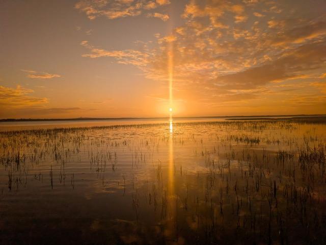 Sunrise over the marsh with a column of light on the water
